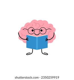 Brain in glasses with book, cute child character for knowledge, education. Happy brain reading book. Vector illustration