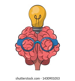 Brain with glasses and bulb light cartoon vector illustration graphic design