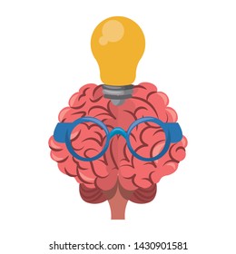 Brain with glasses and bulb light cartoon vector illustration graphic design
