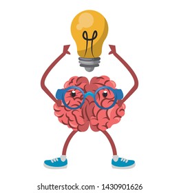 Brain with glasses and bulb light cartoon vector illustration graphic design