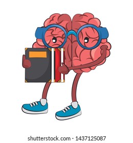 Brain with glasses holding books cartoons vector illustration graphic design