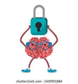 Brain with glasses holding padlock vector illustration graphic design
