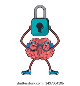 Brain with glasses holding padlock vector illustration graphic design