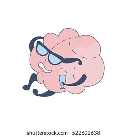 Brain In Glasses Lecturing With Glass Of Wine Comic Character Representing Intellect And Intellectual Activities Of Human Mind Cartoon Flat Vector Illustration