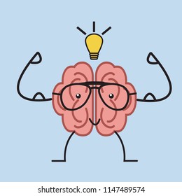 Brain with glasses and light bulb human intellect idea and Brainstorm concept. Vector