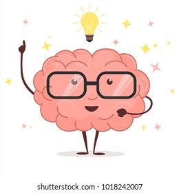 Brain with glasses and light bulb on white background, human intellect idea and Brainstorm concept. Vector