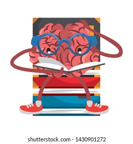 Brain with glasses reading and seated on books vector illustration graphic design