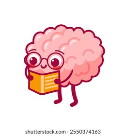 Brain with glasses reads a book. Cute character in kawaii style. Healthy organ, nervous system. Vector illustration, flat style. mental health. Training, back to school. Cognitive function