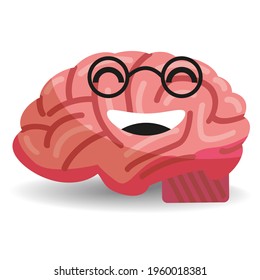 Brain with glasses smiling, cute positive character . Vector flat cartoon style isolated