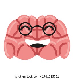 Brain with glasses smiling, cute positive character . Vector flat cartoon style isolated