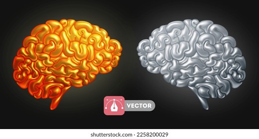 Colores cerebrales, dorados y plateados, conjunto de iconos de dibujos animados convexos 3d. Ilustración vectorial realista