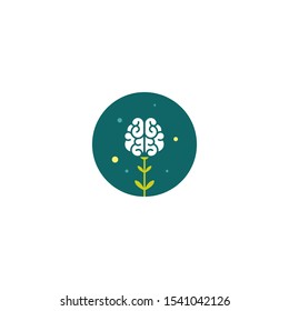 brain as green flower with leaves in blue circle icon. Intellect, phsychology, knowledge simple pictogram isolated on white. flat vector illustration. Creative, smart, education sign