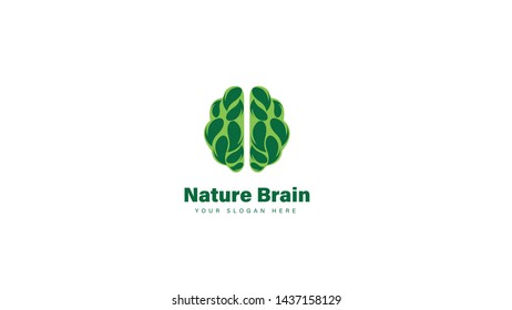 Brain with Green leaf. Black outline vector illustration. Human brain. Medical flat illustration. Health care. 