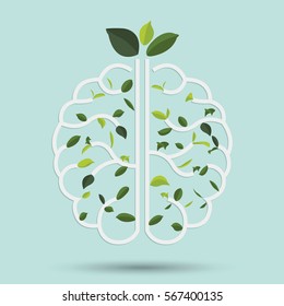 Brain with Green leaf. Gray outline vector illustration. Human brain. Medical flat illustration. Health care. Tree branches like the brain. Branches with leaves.