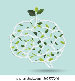 Brain with Green leaf. Gray outline vector illustration. Human brain. Medical flat illustration. Health care. Tree branches like the brain. Branches with leaves.