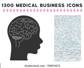 Brain grey vector icon with 1300 health care commercial symbols. Set style is flat bicolor light blue and gray pictograms.