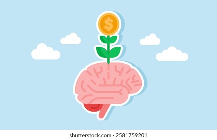 A brain growing plants with blooming dollar coins, illustration of critical and creative thinking in managing financial assets for growth and development