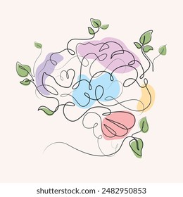 Cerebro con plantas en crecimiento de una línea de dibujo. Cerebro con plantas en crecimiento ilustración de una sola línea. Cerebro con plantas en crecimiento arte de línea minimalista