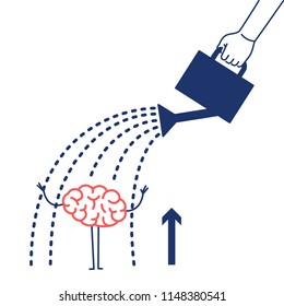Brain growing up. Vector concept illustration hand watering mind with can | flat design linear infographic icon red and blue on white background