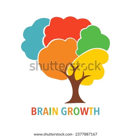 Brain growth for kids concept. Colorful brain in tree shape on white background.