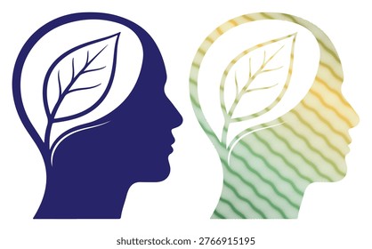 Brain, growth, nature concept. Two heads, one solid, one textured.