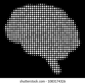 Brain halftone vector icon. Illustration style is pixelated iconic brain symbol on a black background. Halftone pattern is build with spheric cells.