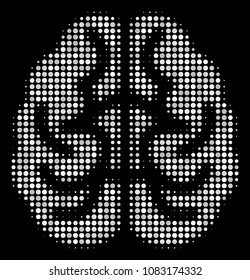 Brain halftone vector icon. Illustration style is dotted iconic brain symbol on a black background. Halftone texture is created of circle cells.