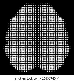 Brain halftone vector icon. Illustration style is dot iconic brain symbol on a black background. Halftone matrix is created of round blots.