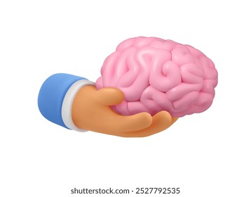 Brain in hand cartoon vector 3d icon. Mental care concept. Education and innovation simple illustration