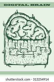 Brain hand draw with PCB connector illustration in grunge style