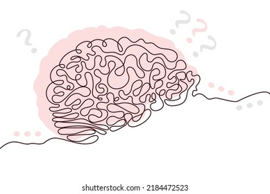 Brain Hand Drawn Icon Continuous Line Drawing And Pink Flat Silhouette. Human Organs. Medicine Trendy Concept One Single Line Design. Outline Simple Image Black And White Vector Illustration