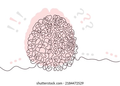 Brain Hand drawn icon continuous line drawing and pink flat silhouette. Human organs. Medicine trendy concept One single line design. Outline simple image black and white Vector illustration