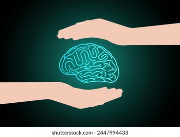 Brain. Hand Holding Human Brain. Brainstorm, Creativity and Thinking Idea Concept. Vector Illustration. 