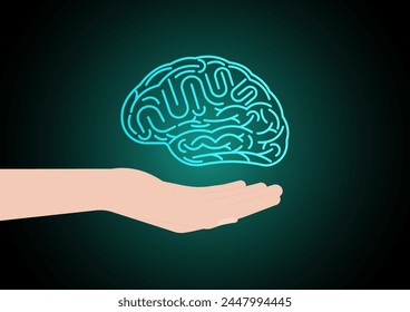 Brain. Hand Holding Human Brain. Brainstorm, Creativity and Thinking Idea Concept. Vector Illustration. 