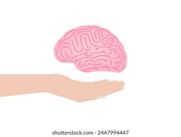 Cerebro. Mano sosteniendo el cerebro humano. Lluvia de ideas, creatividad y pensamiento Idea Concepto. Ilustración vectorial. 
