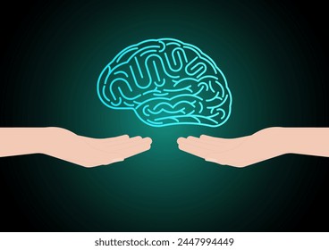 Cerebro. Mano sosteniendo el cerebro humano. Lluvia de ideas, creatividad y pensamiento Idea Concepto. Ilustración vectorial. 