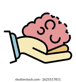 Ícone do cérebro na mão. Contorno do cérebro na mão ícone vetor cor plana isolado