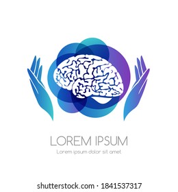 Brain with hands and blue abstract shape. Medical emblem. Health care vector icon.