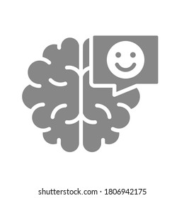 Brain with happy face in chat bubble gray icon. Healthy internal organ symbol.