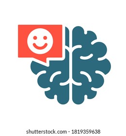 Brain with happy face in chat bubble colored icon. Healthy internal organ, the main organ of the central nervous system