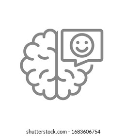 Brain with happy face in speech bubble line icon. Healthy internal organ, central nervous system symbol