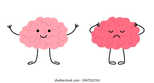 Brain happy healthy and sad sick characters. Check health brain mental organ. Headache, tired, pain, strain brain concept. Vector flat illustration