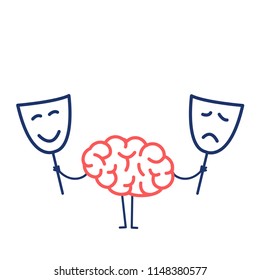 Brain with happy and sad mask. Vector concept illustration of brain deciding which mask to choose | flat design linear infographic icon red and blue on white background