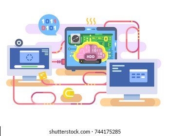 Brain hard disk flat for storage and transfer data. Technology electronic hardware HDD, computer memory, vector illustration