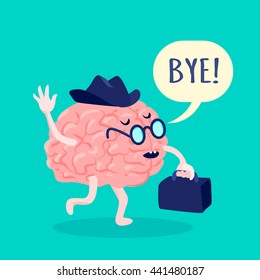 Brain in hat and glasses saying bye with suitcase flat vector illustration 