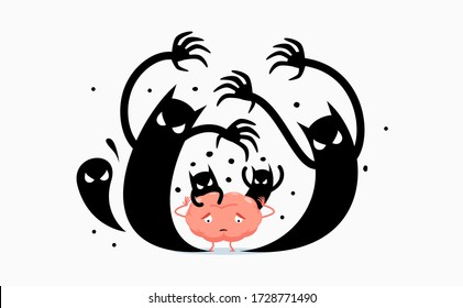A brain is haunted by evil shadows. Isolated Vector Illustration