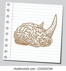Brain having rhinoceros horns. Sketch illustration.