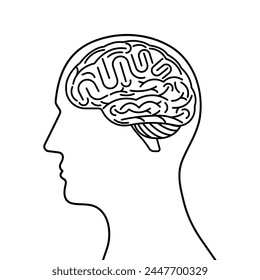 Brain. Head with Human Brain. Vector Illustration Isolated on White Background. 