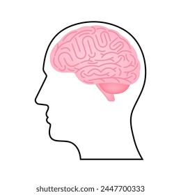 Brain. Head with Human Brain. Vector Illustration Isolated on White Background. 