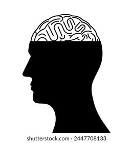 Cerebro. Cabeza con cerebro humano. Ilustración vectorial aislada sobre fondo blanco. 